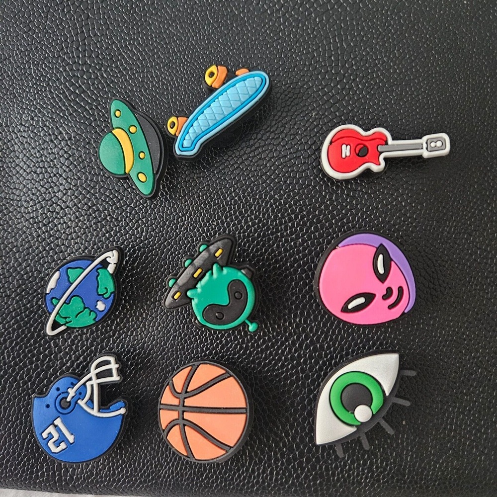 9pc Assorted Shoe Charms Alien UFO Space Sports Music‎ Skateboard PVC Clog Pins